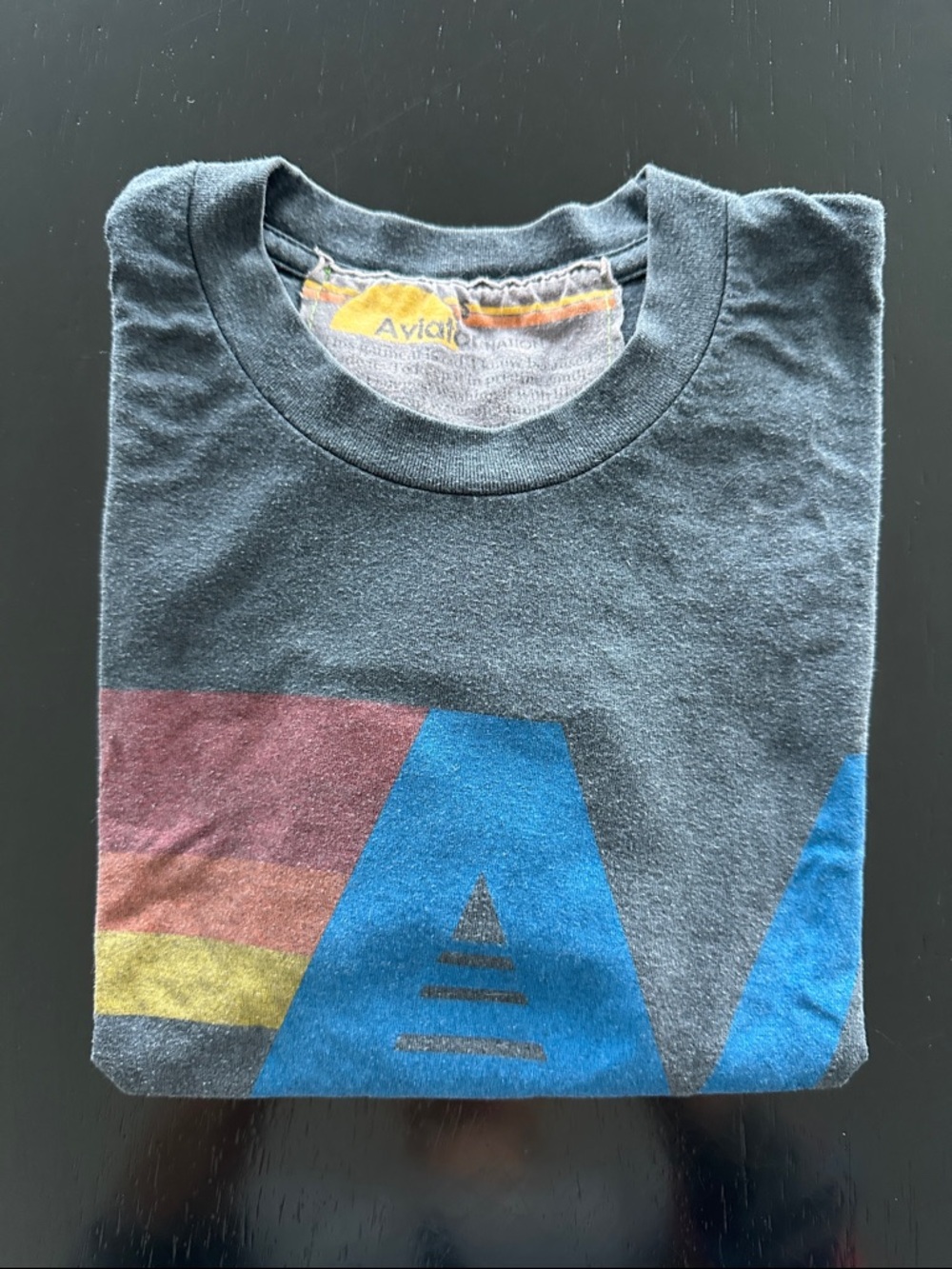 Aviator Nation Gray Vintage Wash T-Shirt with Blue Logo and Red/Yellow Stripe - Picture 4 of 4